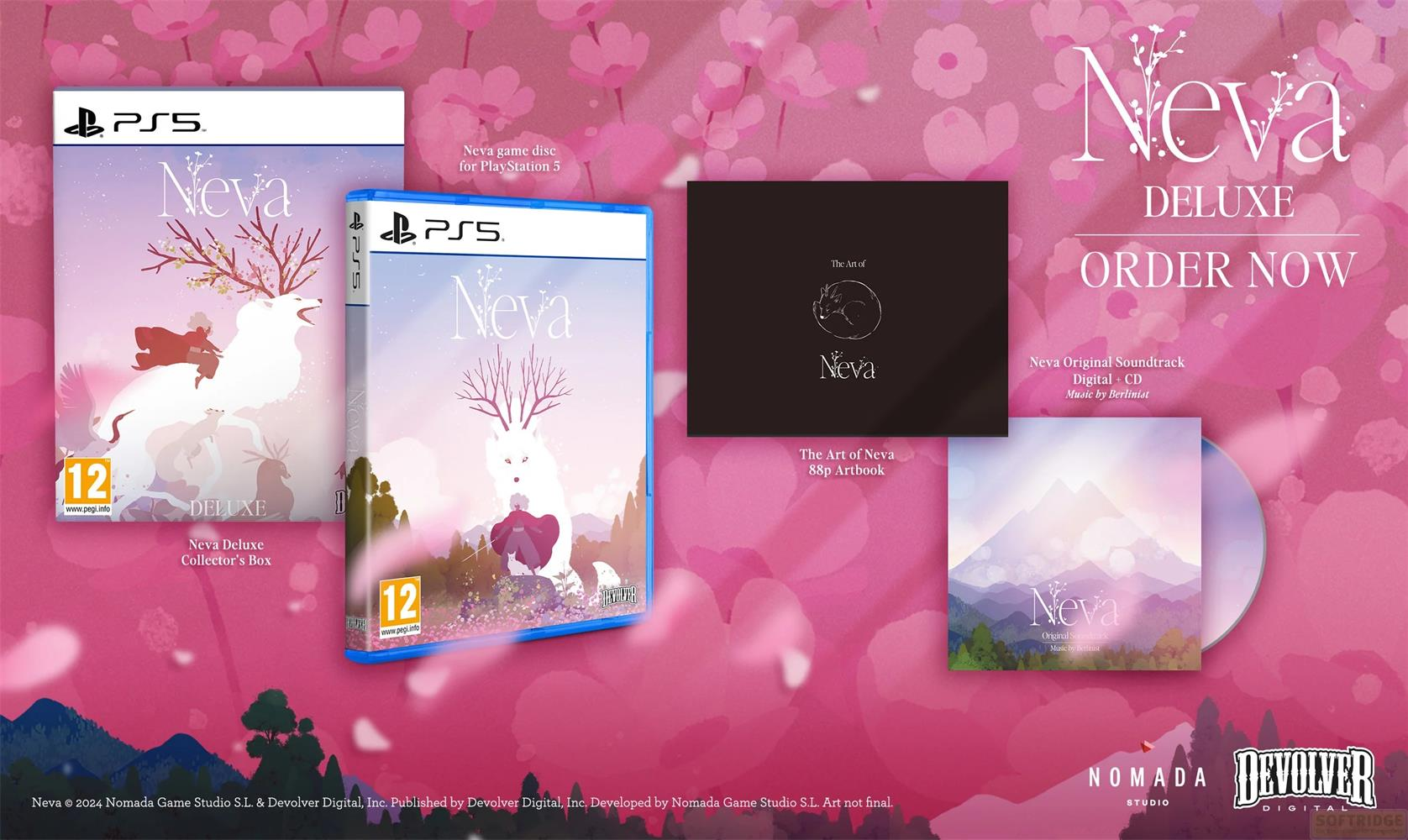 Neva Deluxe Collector's Box, PS5 Spiel, Artbook & Soundtrack auf rosa Hintergrund.