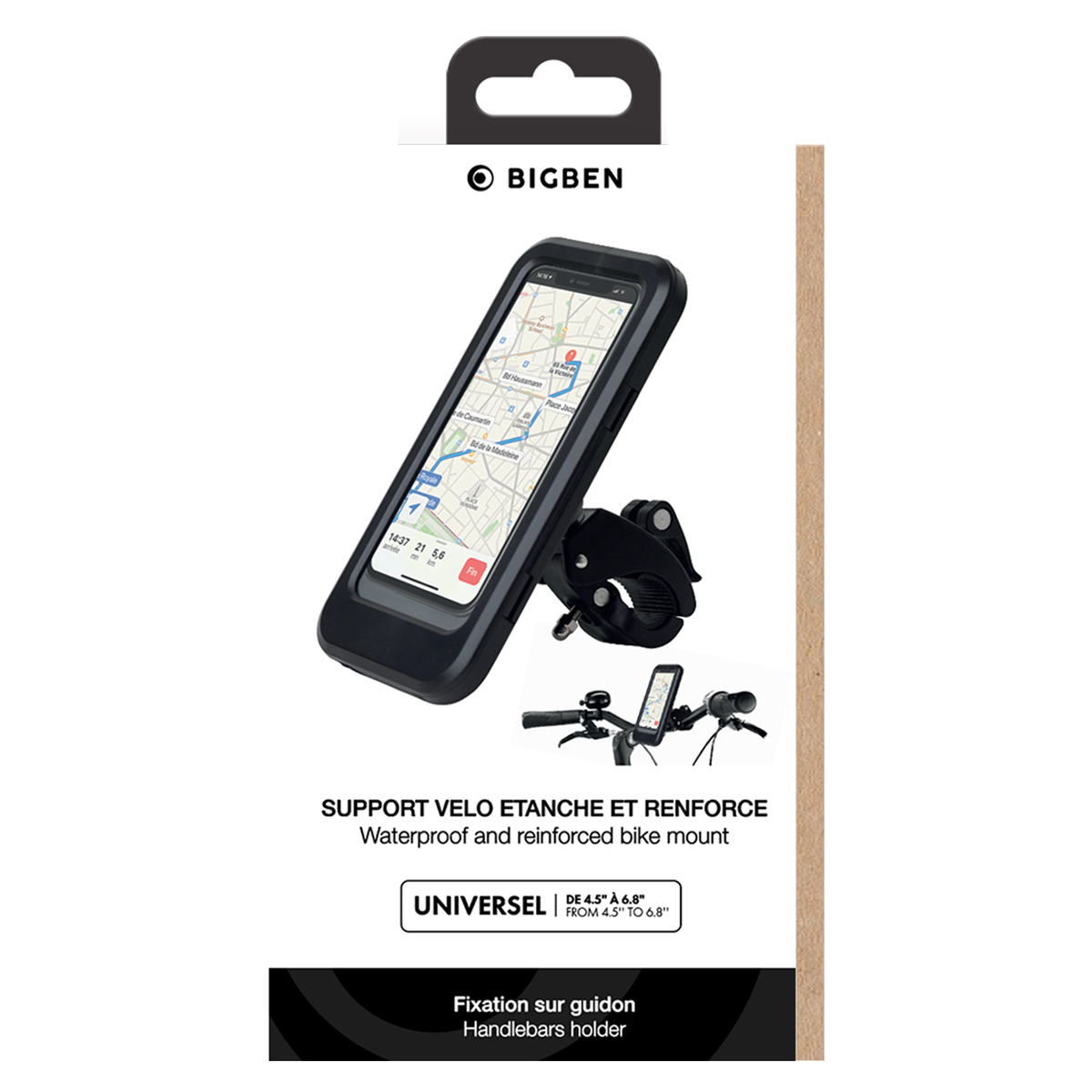 Soporte para bicicleta BIGBEN con app de navegación en pantalla.