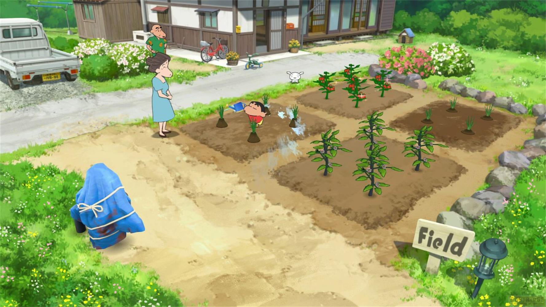 Un ragazzo annaia le piante in un campo. Un oggetto blu è coperto.