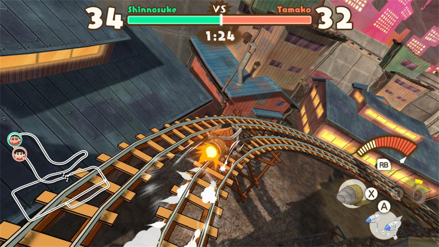 Un gioco di corse a cartoni animati su binari del treno con personaggi e limite di tempo.