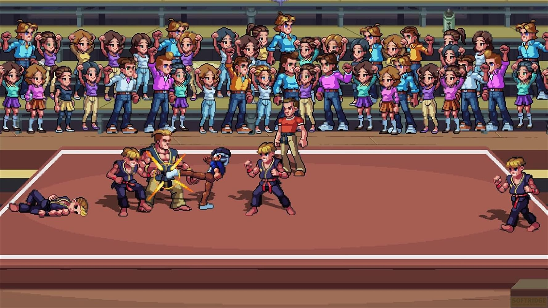 Pixel-Kampfspiel: Kämpfer im Ring, Zuschauer jubeln von den Rängen.