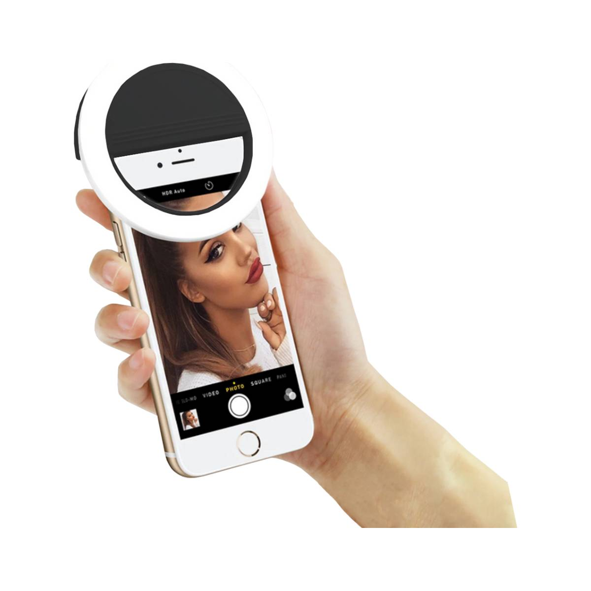 Eine Hand hält ein Smartphone mit Selfie-Ringlicht und einem Porträtbild auf dem Bildschirm.