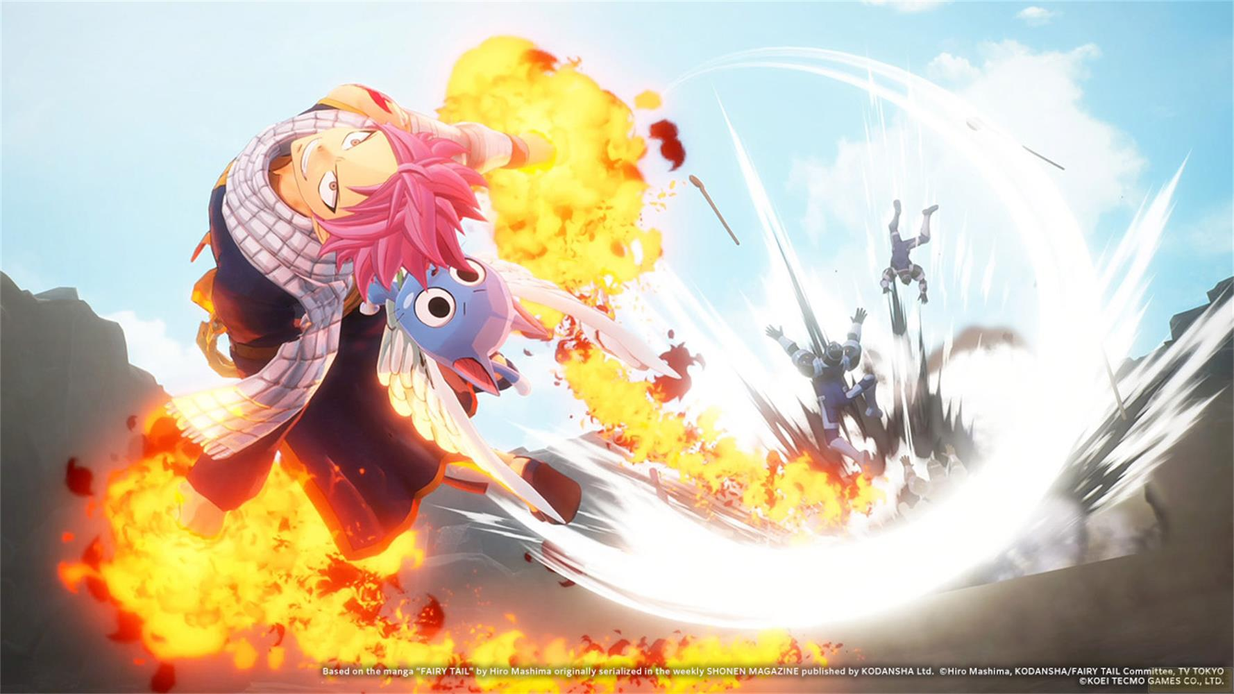 Natsu und Happy fliegen durch eine Explosion, während Gegner in der Luft umherfliegen.