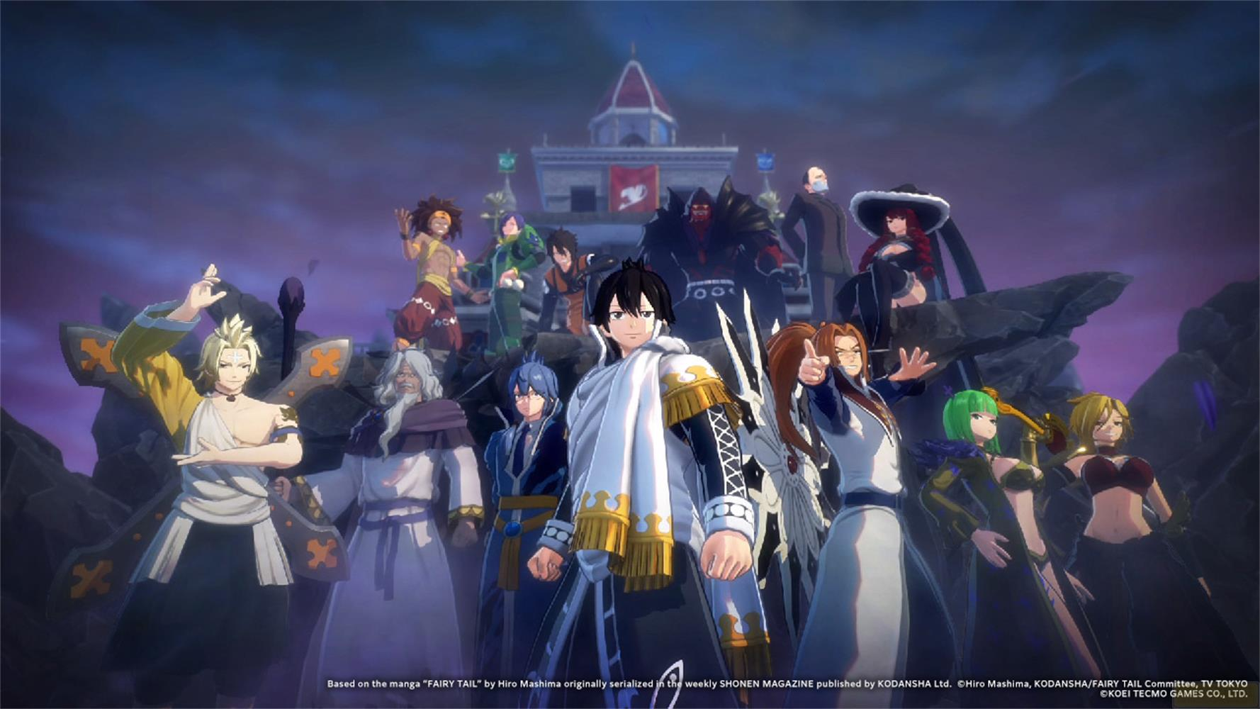 Eine Gruppe von Anime-Charakteren in verschiedenen Outfits steht auf felsigem Gelände vor einer Burg.