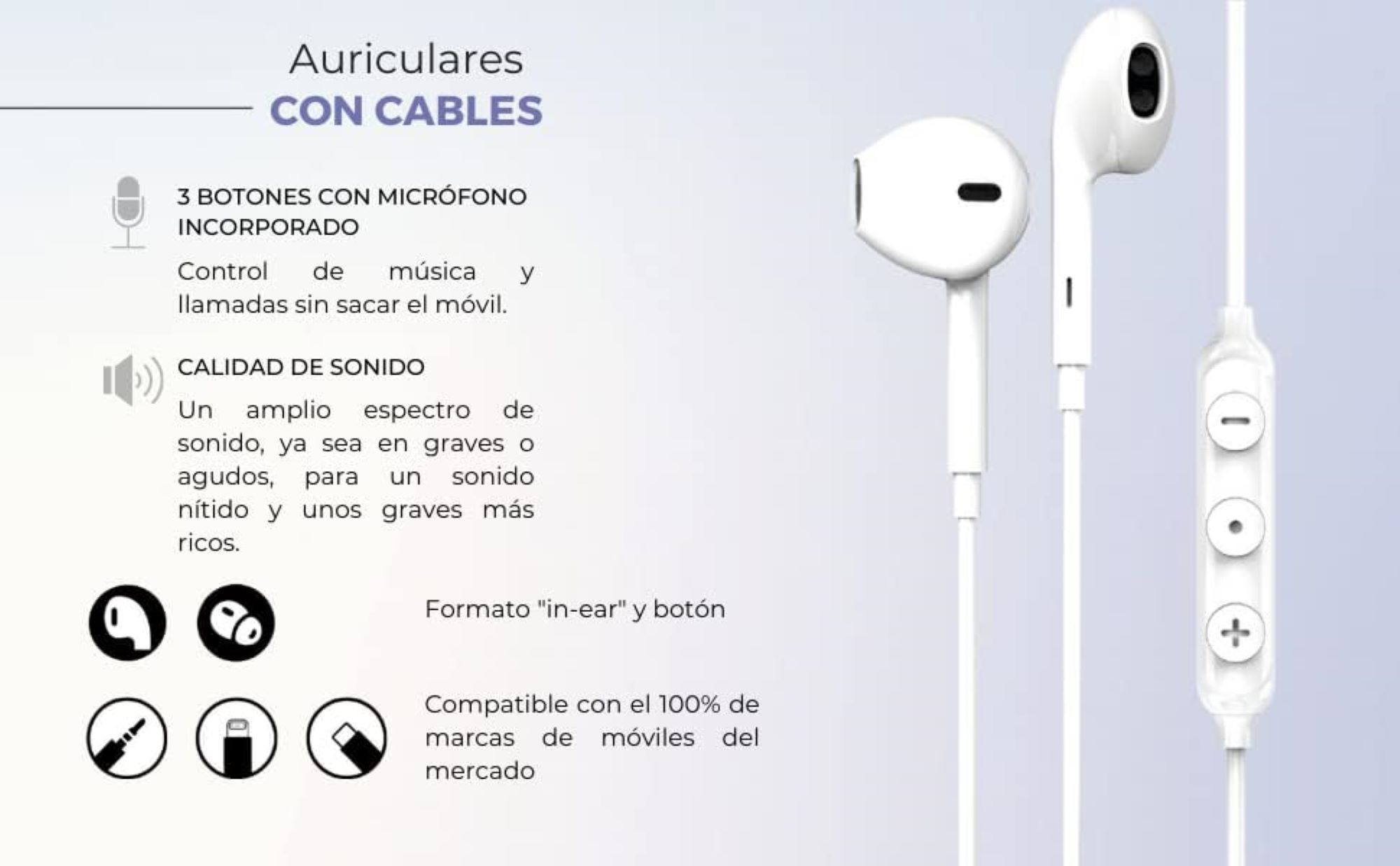 Białe słuchawki douszne przewodowe z mikrofonem i przyciskami głośności.