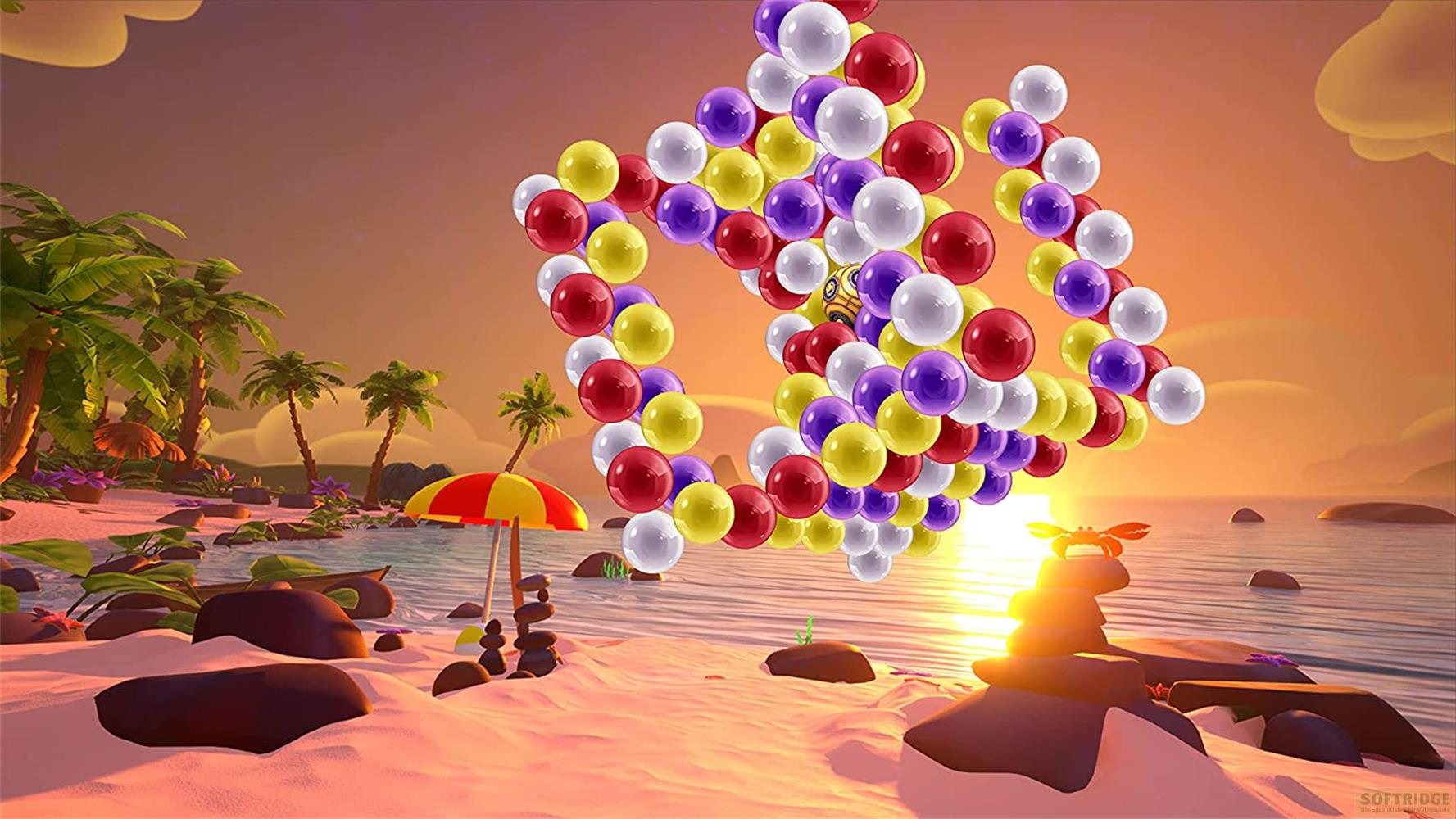 Una scena di spiaggia con palme, un ombrellone e molti palloncini colorati.
