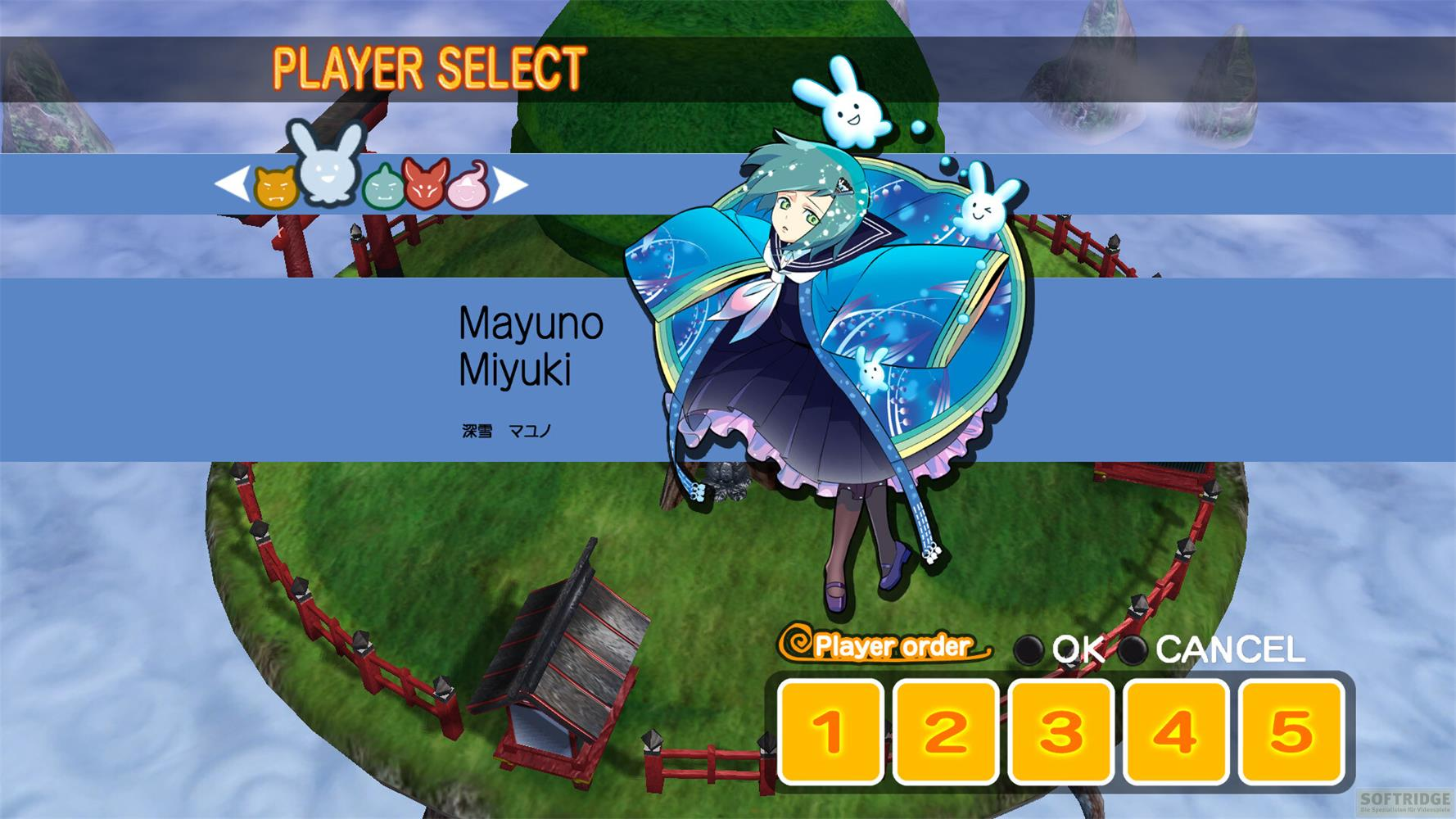 Spieler-Auswahl-Bildschirm mit Anime-Charakter Mayuno Miyuki, Spiel-Optionen und Nummernauswahl.