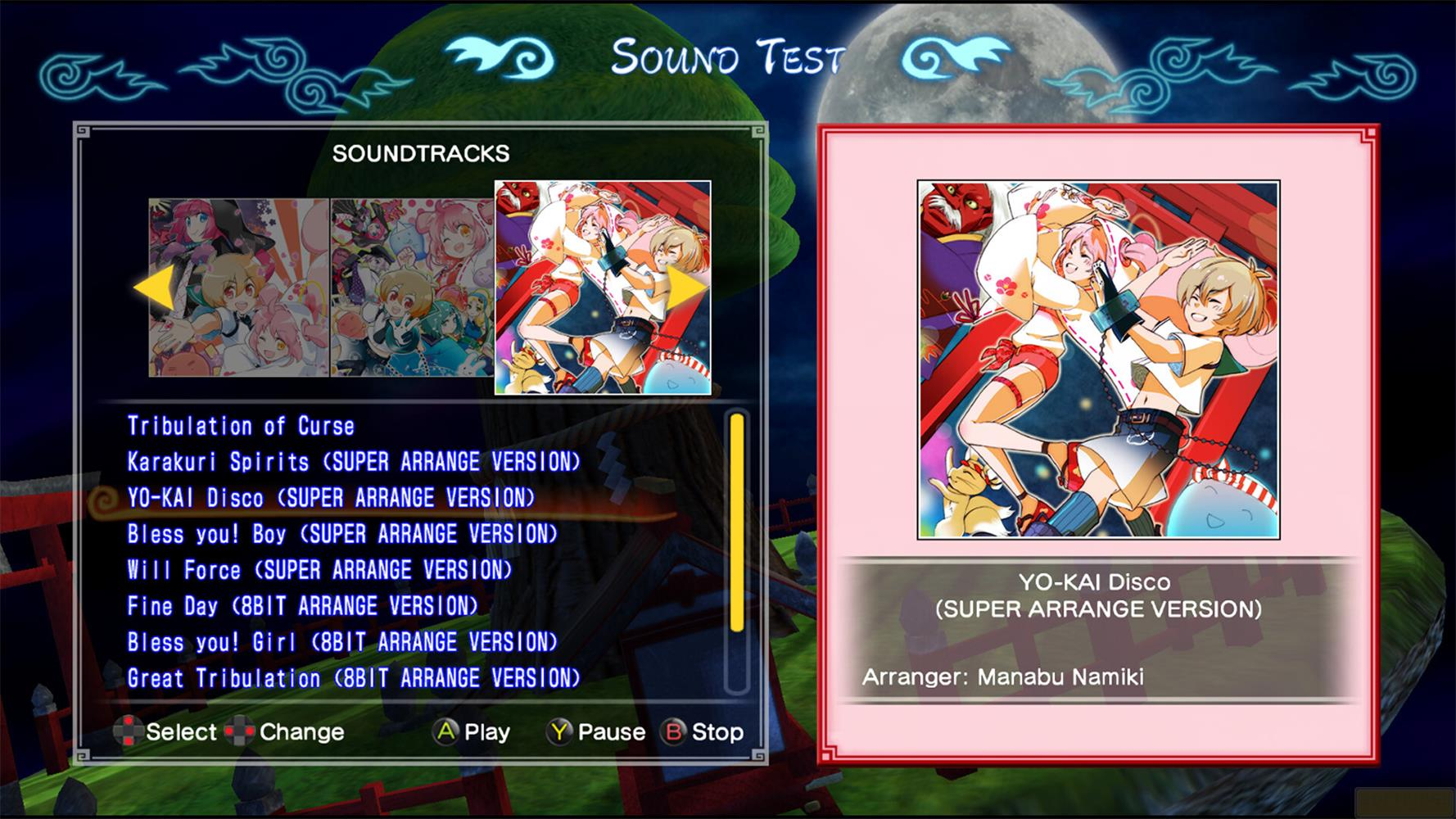Ein Spielmenü zeigt eine Songliste mit Anime-Artworks und Titel des Spiels "Sound Test".