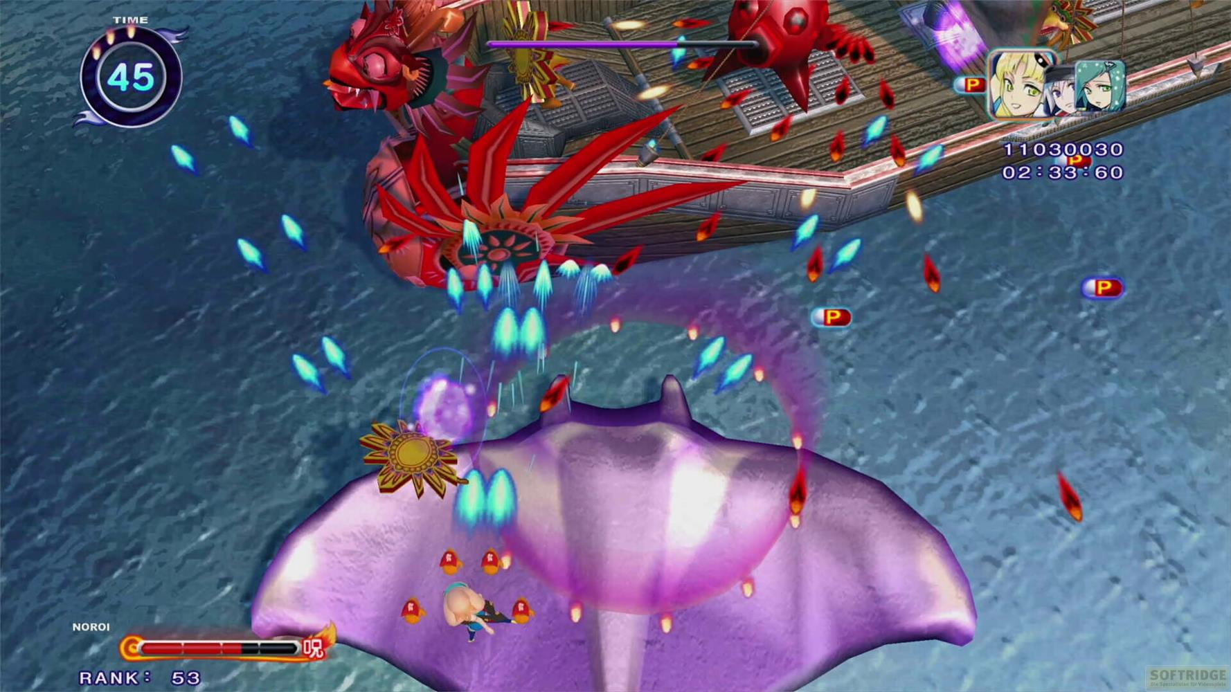 Ein violettes Rochenkampfspiel mit roten Drachenfeinden und blauen Projektilen.