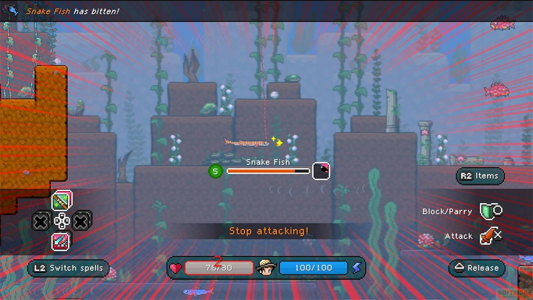 Spieler kämpft gegen eine Schlange mit Fisch-Gegner. Unterwasser-Umgebung.