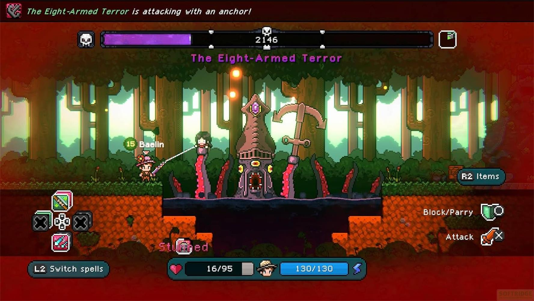Pixel-Art-Spielszene: Baelin kämpft gegen The Eight-Armed Terror mit einem Anker.