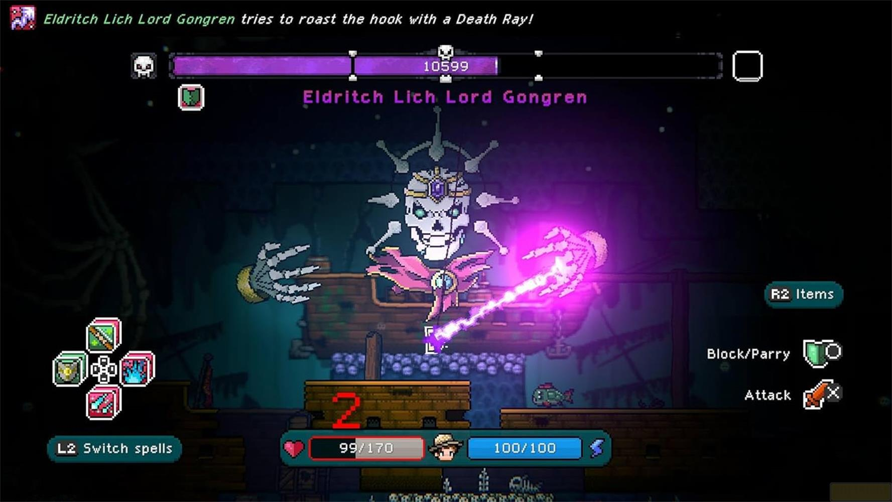 Der Eldritch Lich Lord Gongren feuert einen Todesstrahl auf einen Haken ab.