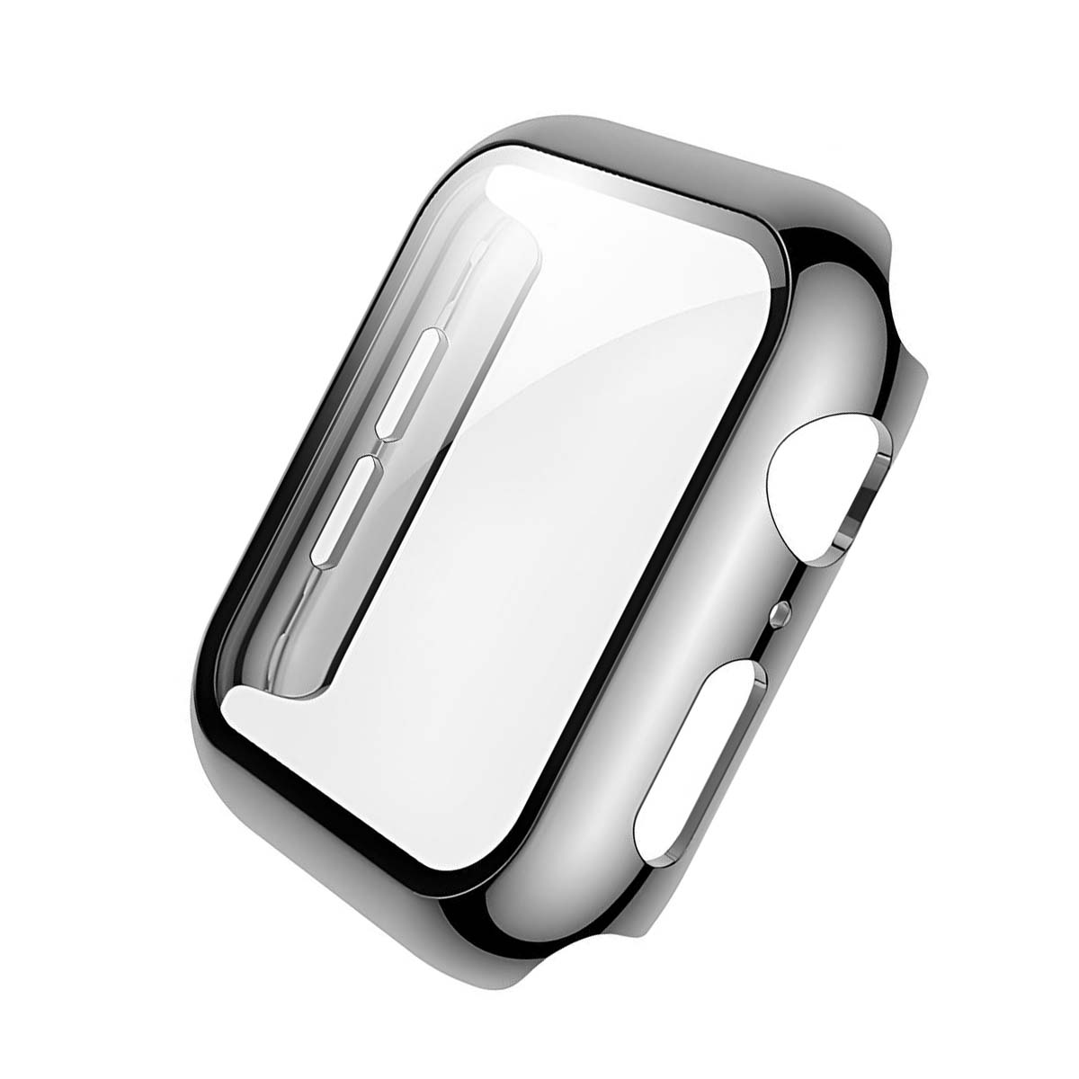 Custodia protettiva argentata per smartwatch, con ritagli per pulsanti e schermo.