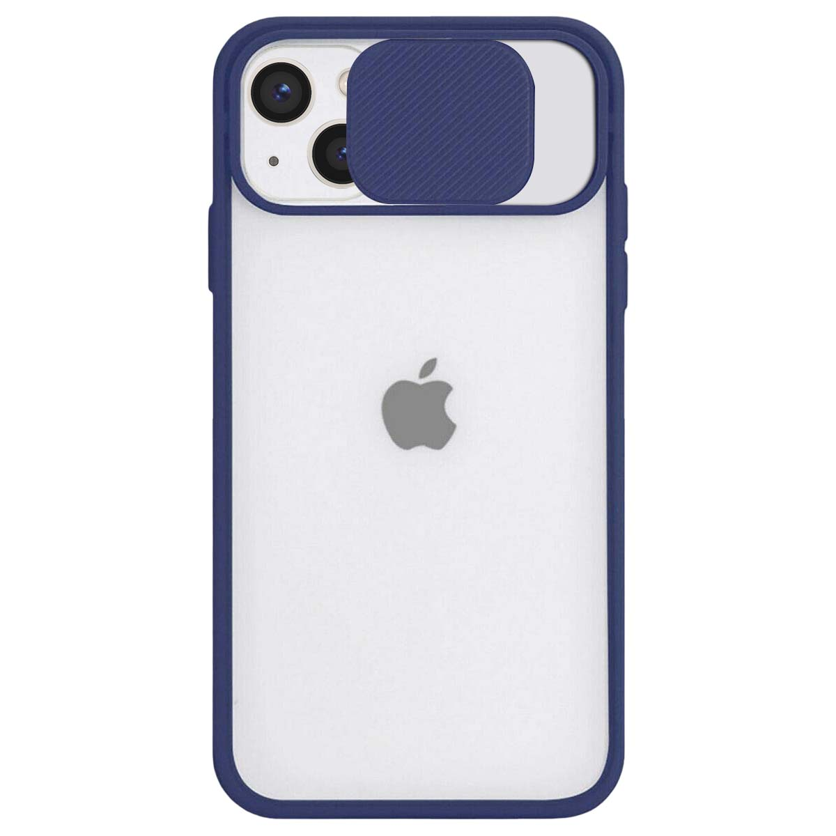 Custodia blu con copri-fotocamera scorrevole su iPhone bianco.