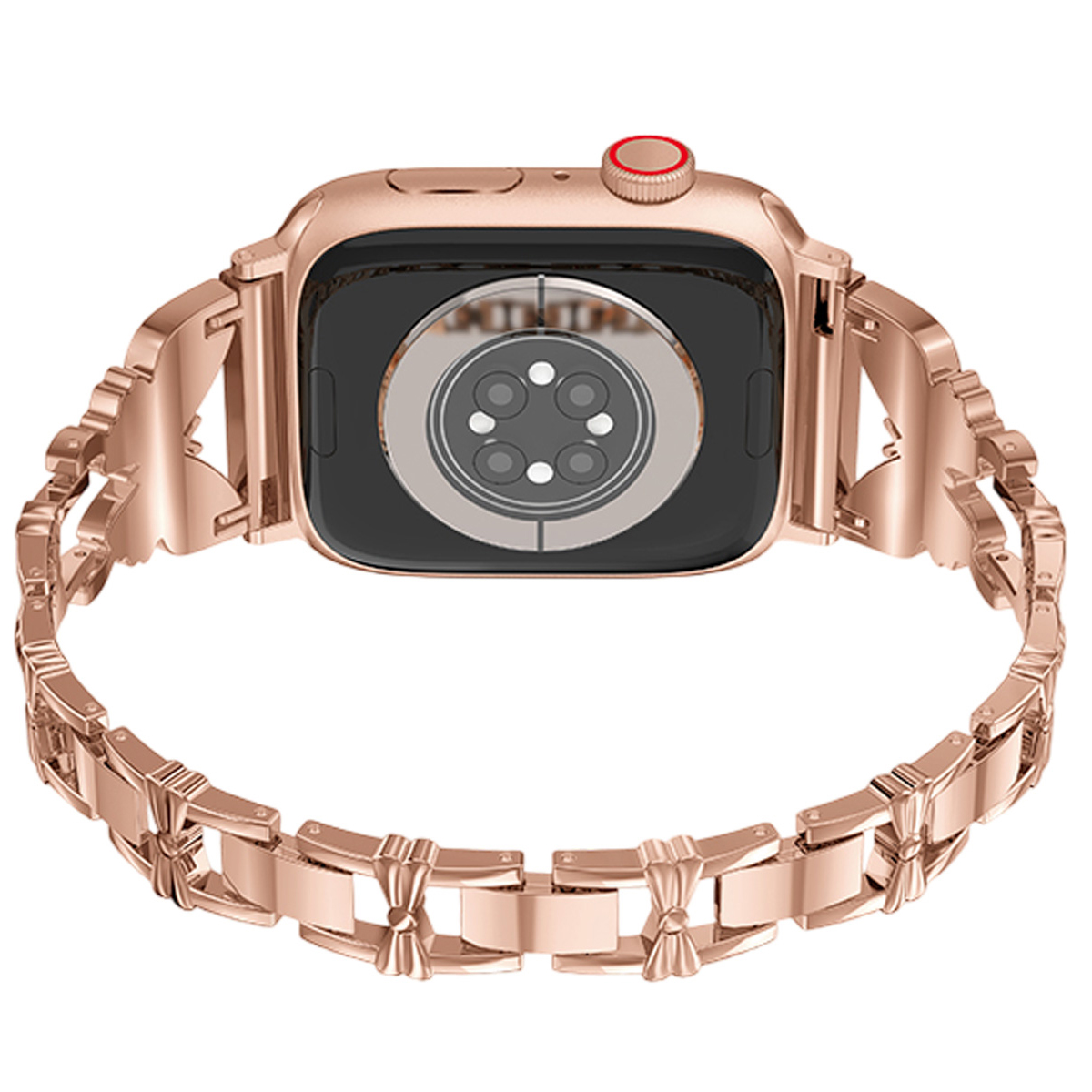 Reloj inteligente oro rosa con correa metálica decorativa, muestra sensores traseros.