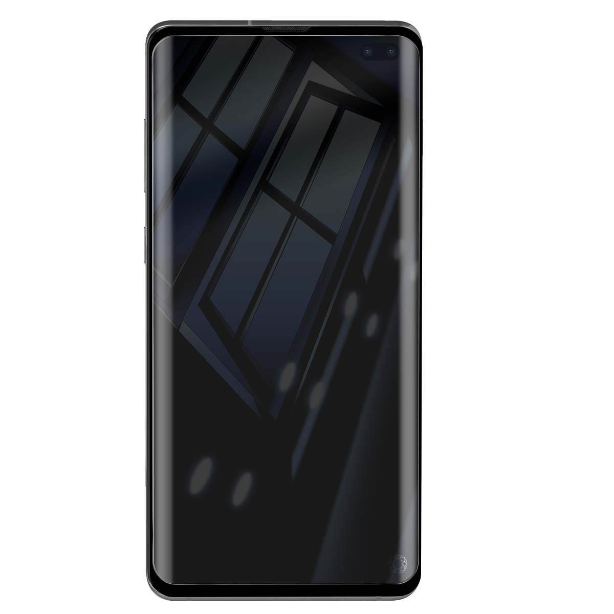 Un smartphone noir aux bords incurvés et écran sombre affichant des reflets.