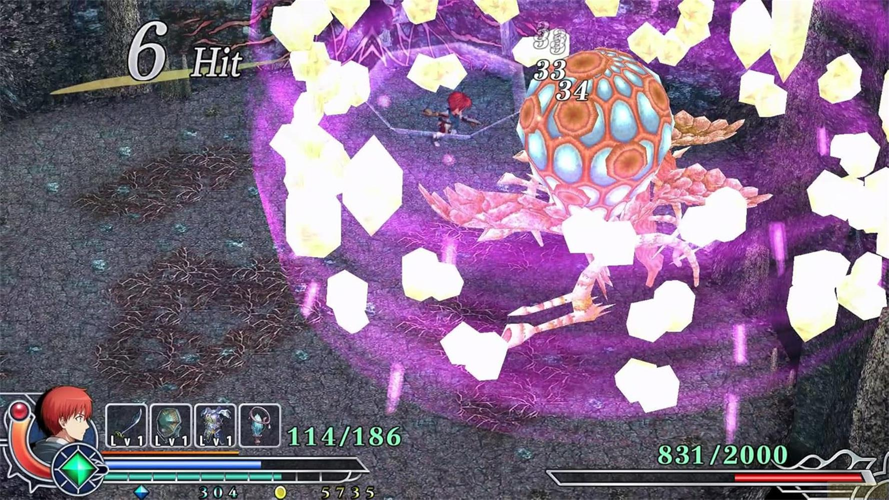Un personaggio anime combatte un grande mostro blu con macchie arancioni, circondato da cristalli.
