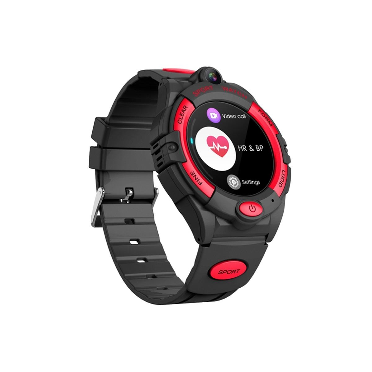 Montre connectée noire avec lunette rouge affichant la fréquence cardiaque et les appels vidéo.