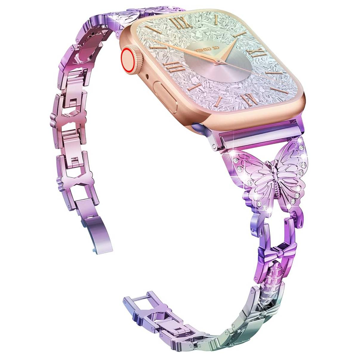 Uno smartwatch oro rosa con quadrante scintillante e bracciale a farfalla.