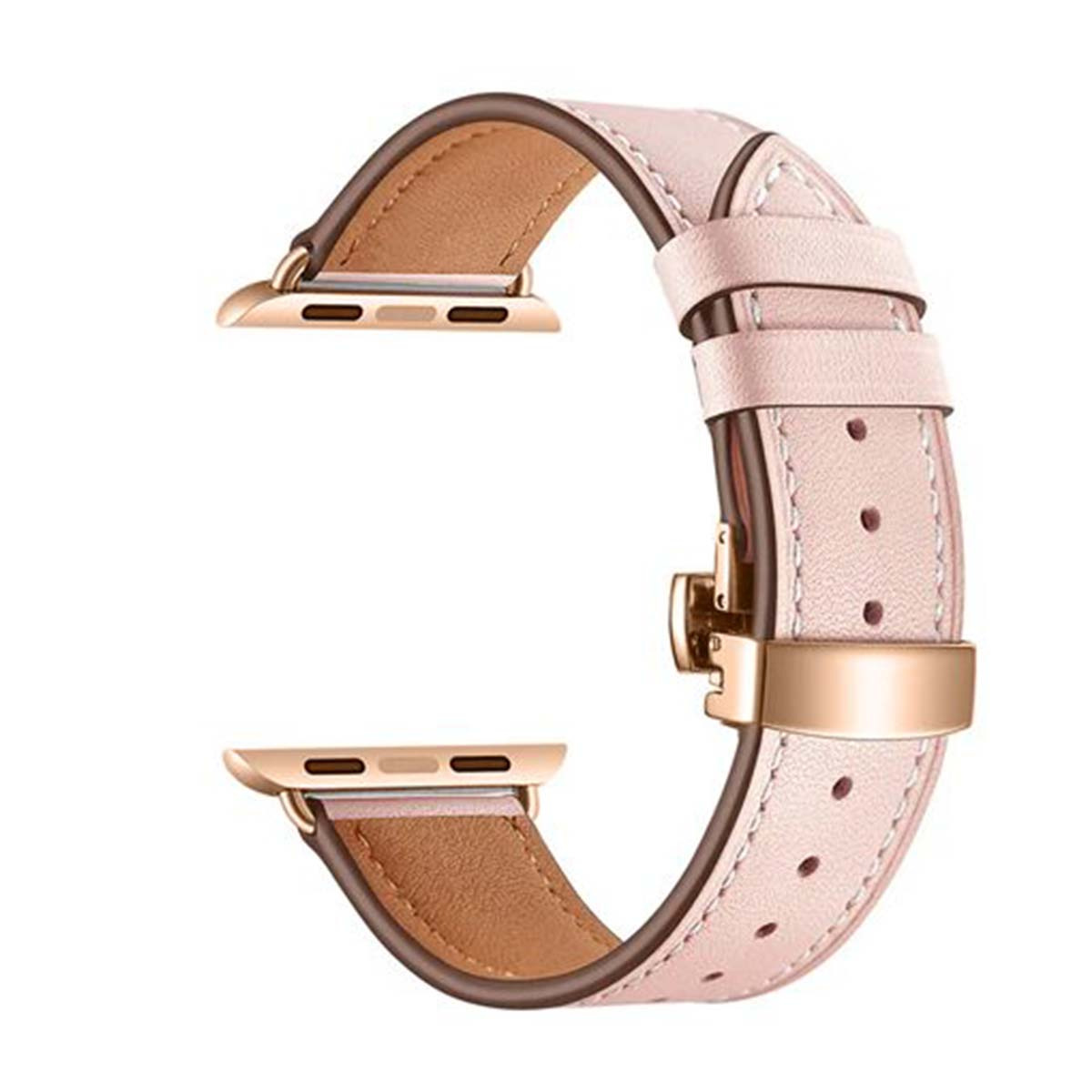 Un cinturino in pelle rosa chiaro con connettori e fibbia color oro rosa.