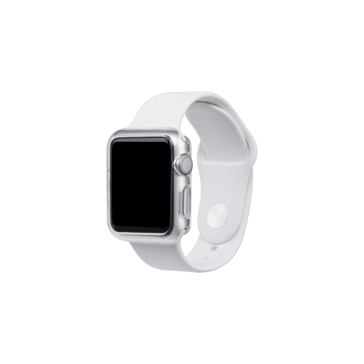 Un reloj inteligente blanco con caja plateada y pantalla negra.