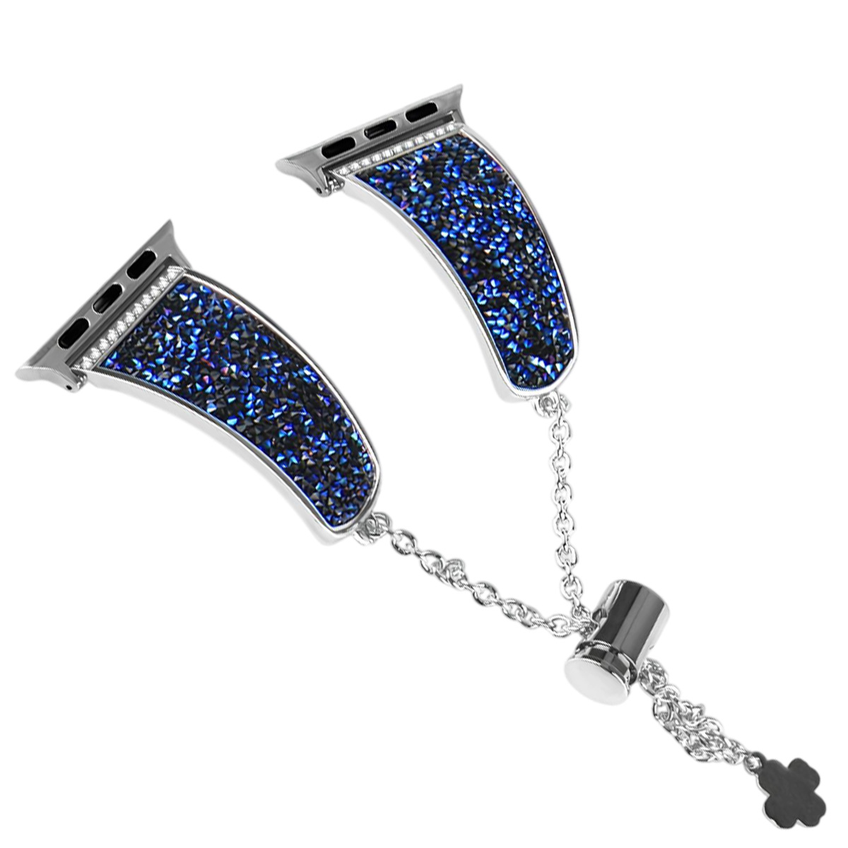 Cinturino per orologio argentato con cristalli blu e catena.
