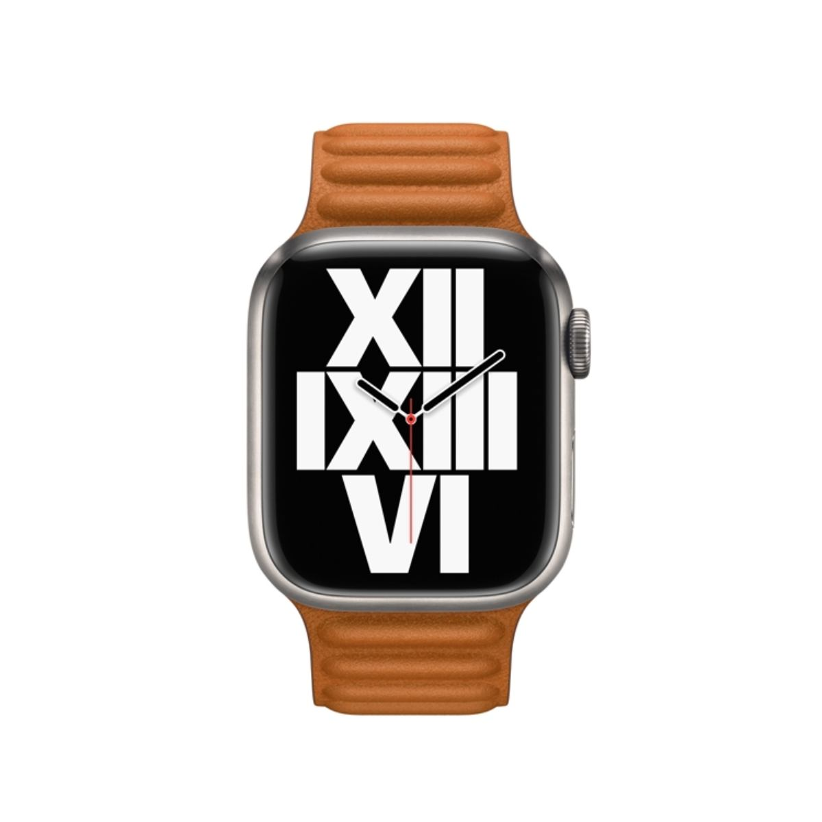 Uno smartwatch argentato con cinturino in pelle marrone e quadrante nera con numeri romani.