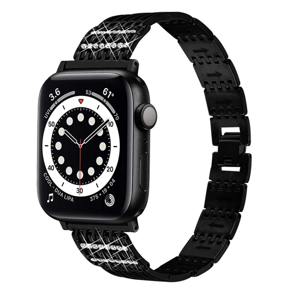 Uno smartwatch nero con cinturino scintillante su sfondo bianco.