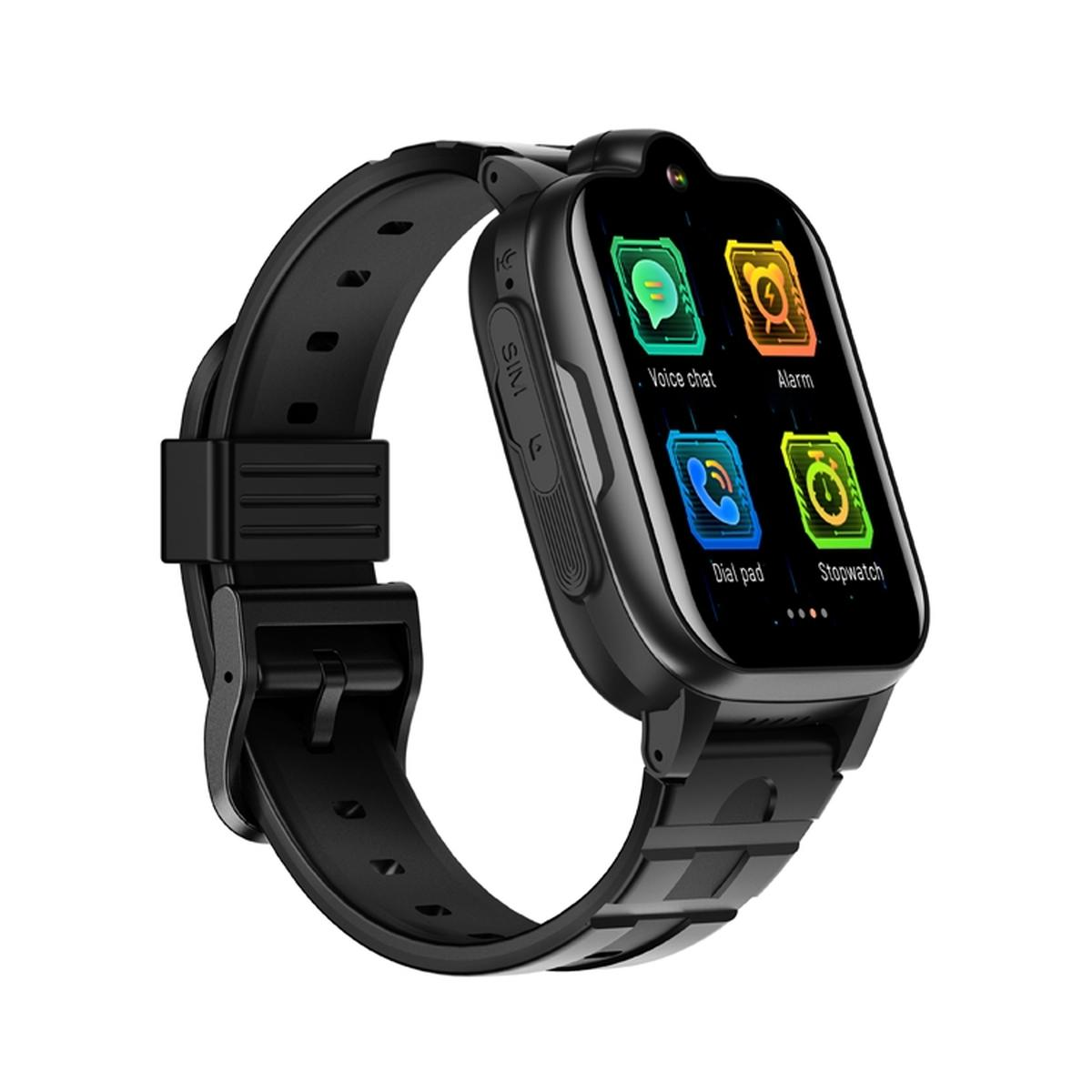Schwarze Smartwatch mit farbigen App-Symbolen auf dem Bildschirm.