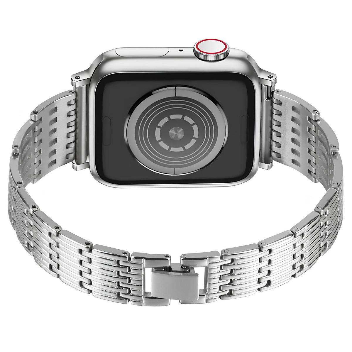 Retro di uno smartwatch argentato con cinturino in metallo e pulsante rosso.