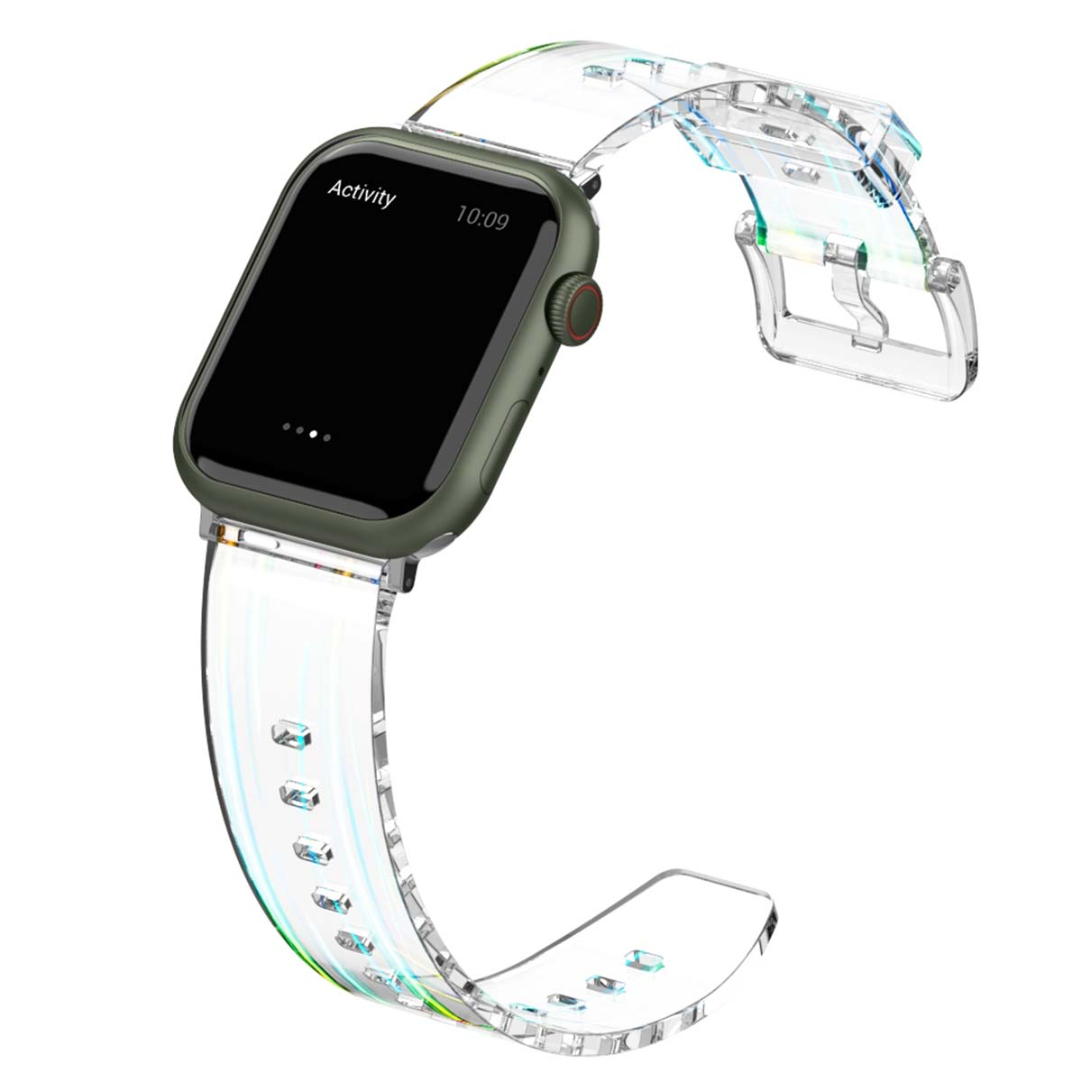Orologio smart verde con cinturino trasparente su sfondo bianco