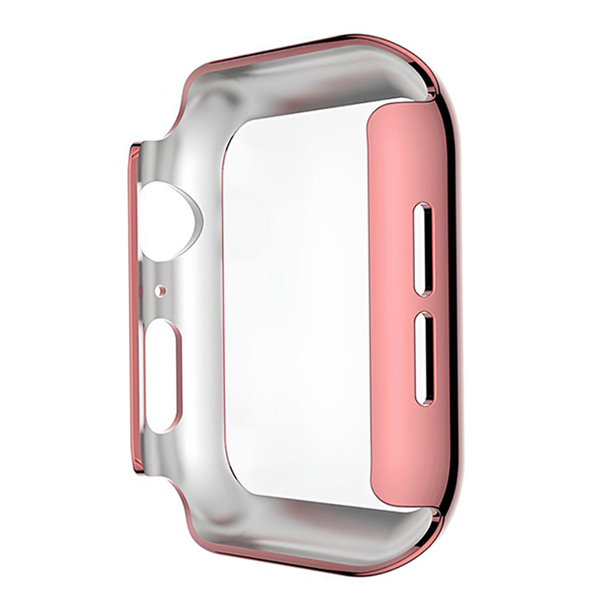 Una custodia trasparente con bordo oro rosa per uno smartwatch.