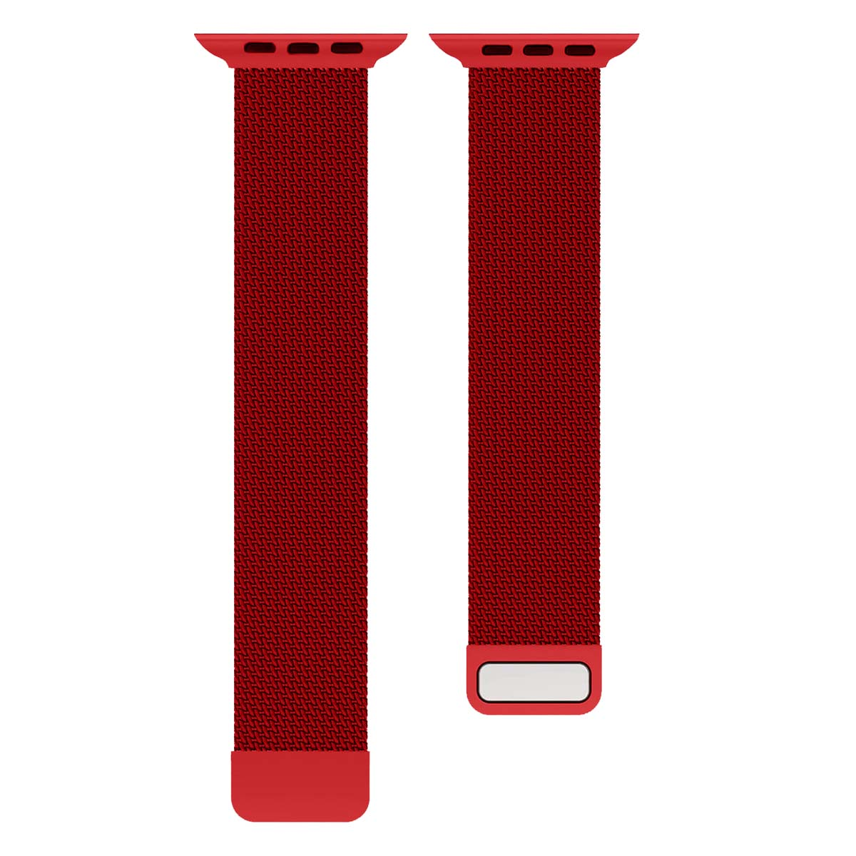 Due cinturini rossi in mesh per Apple Watch con motivo intrecciato e chiusura argentata.
