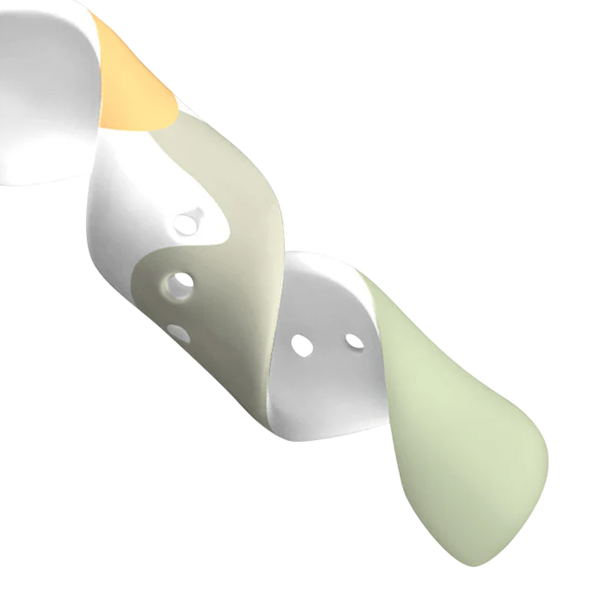 Forma astratta bianca e verde con punta arancione e fori.