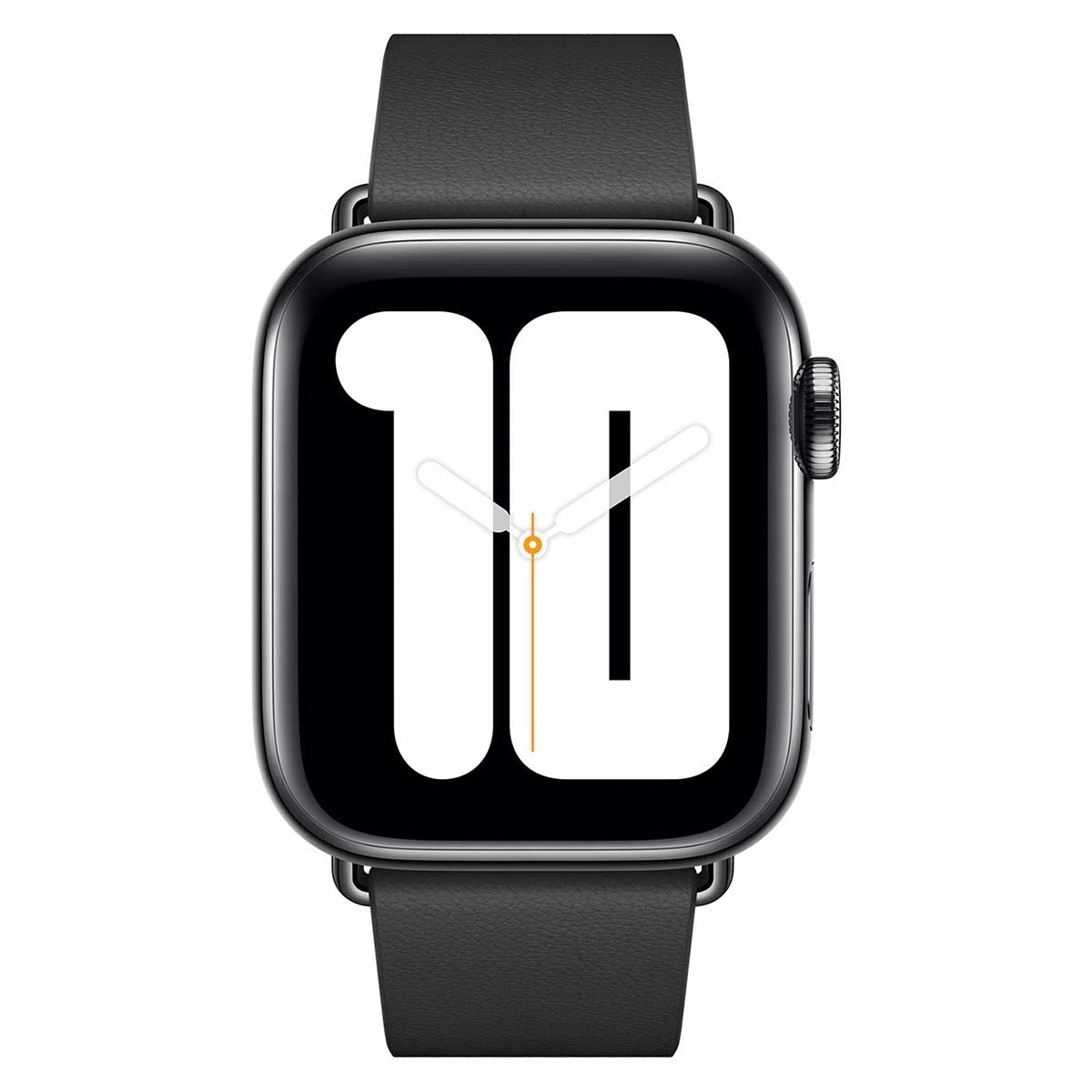 Uno smartwatch argentato con cinturino in pelle nera mostra le 10:10.