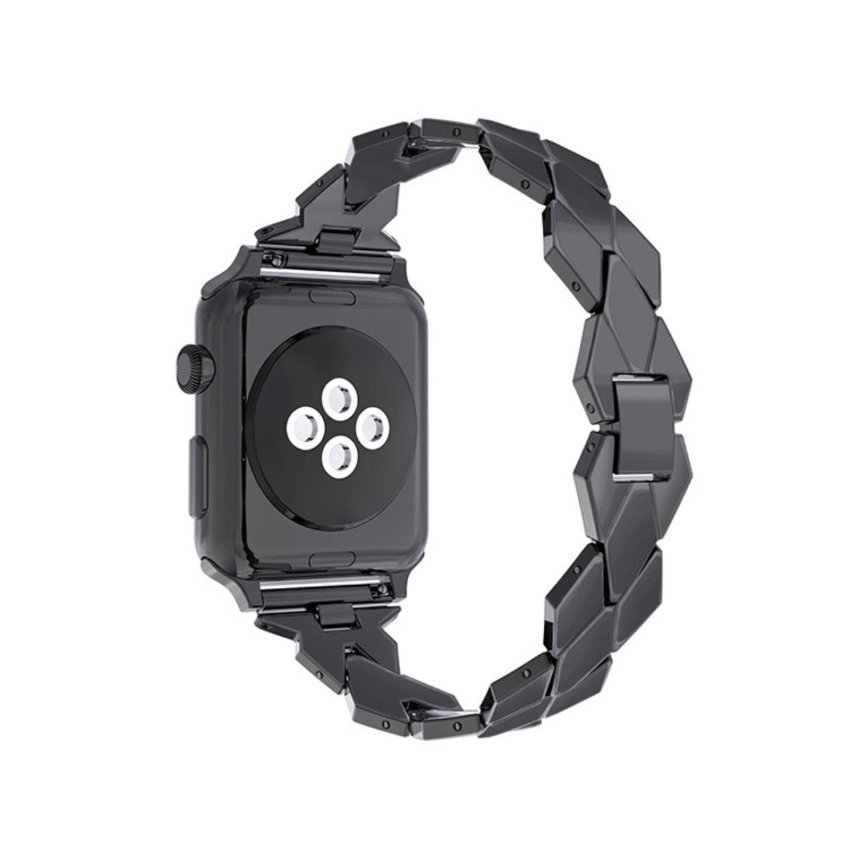Schwarzes Smartwatch-Gehäuse mit Metalldesign-Armband und Ladekontakten auf der Rückseite.