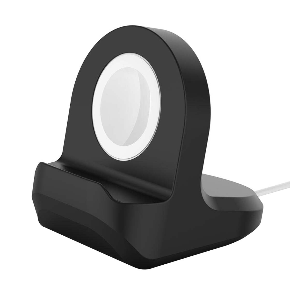 Support de charge noir pour montre connectée avec cercle de charge blanc.
