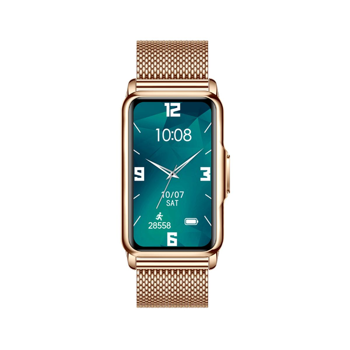 Eine roségoldene Smartwatch mit einem rechteckigen Display und einem Mesh-Armband.