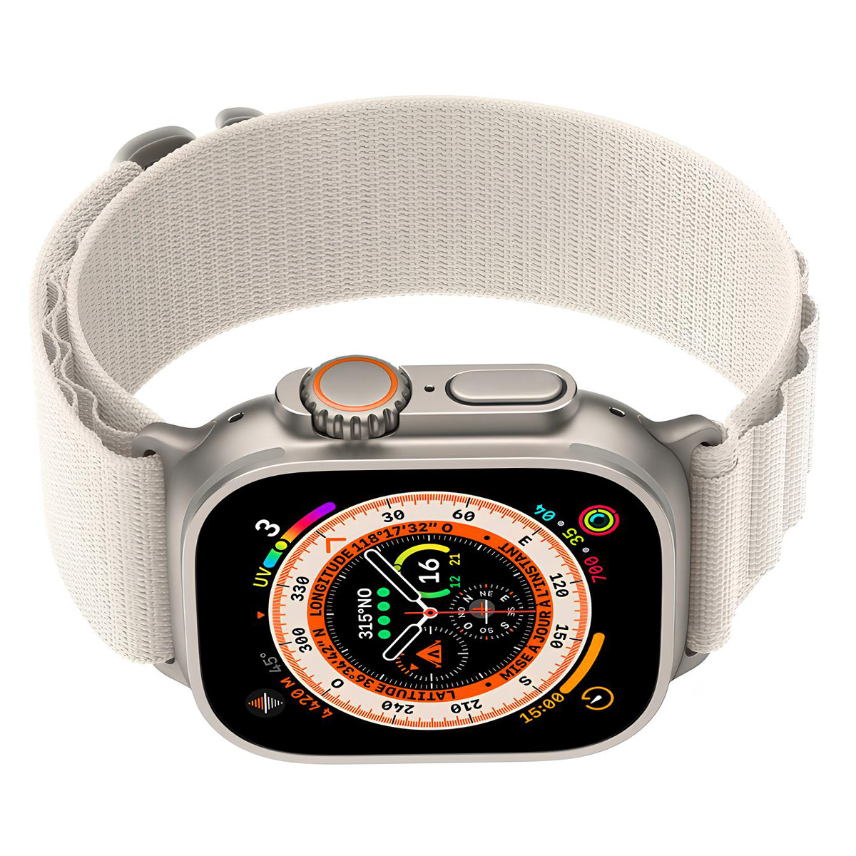 Un reloj inteligente plateado con banda de tela blanca y esfera detallada.
