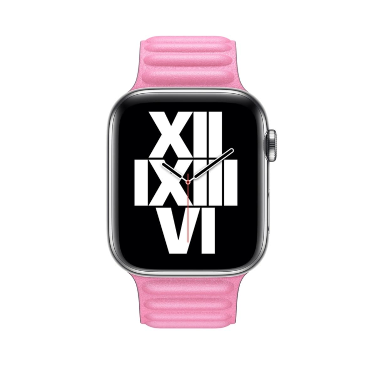 Un orologio digitale con cinturino rosa e numeri romani sullo schermo.