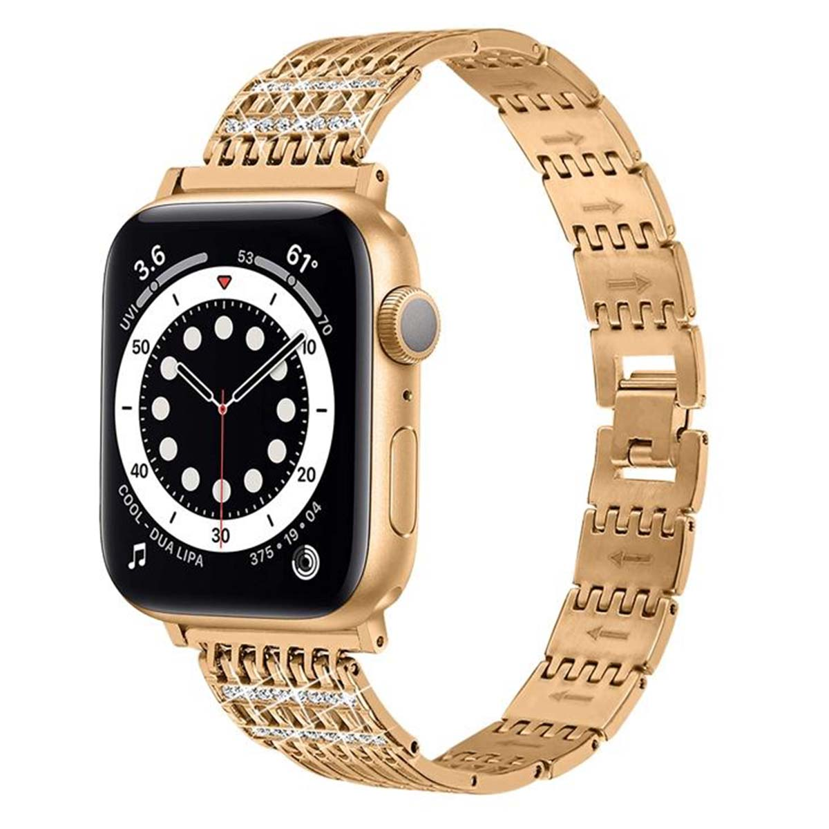 Smartwatch dorato con cinturino scintillante e quadrante nero.