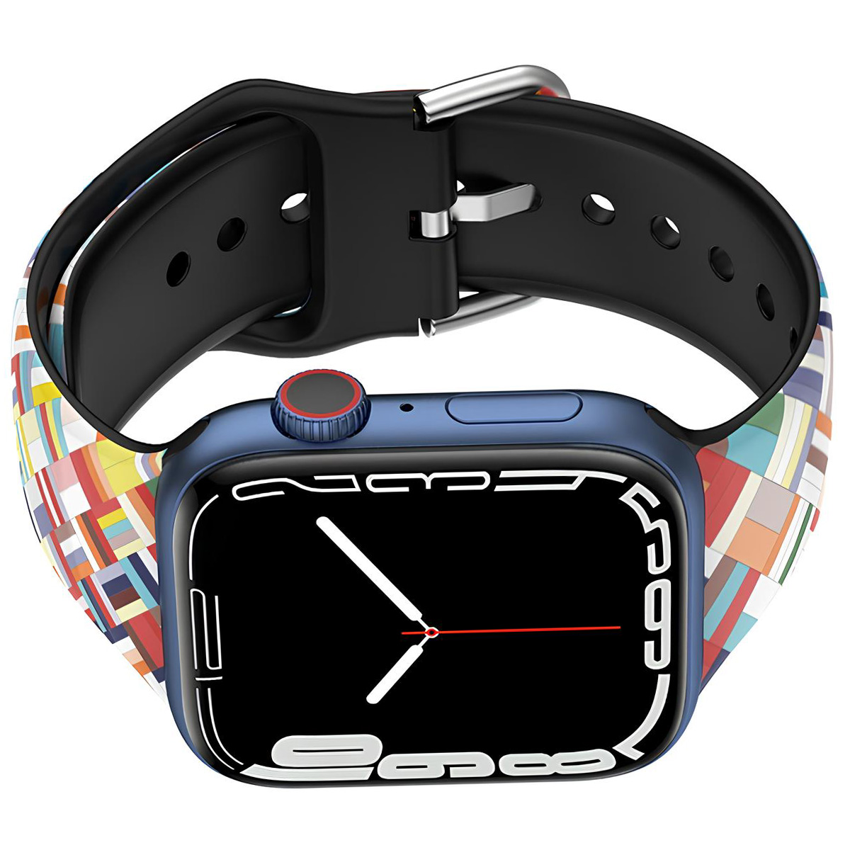 Uno smartwatch blu con cinturino colorato. Cinturino nero con fibbia.