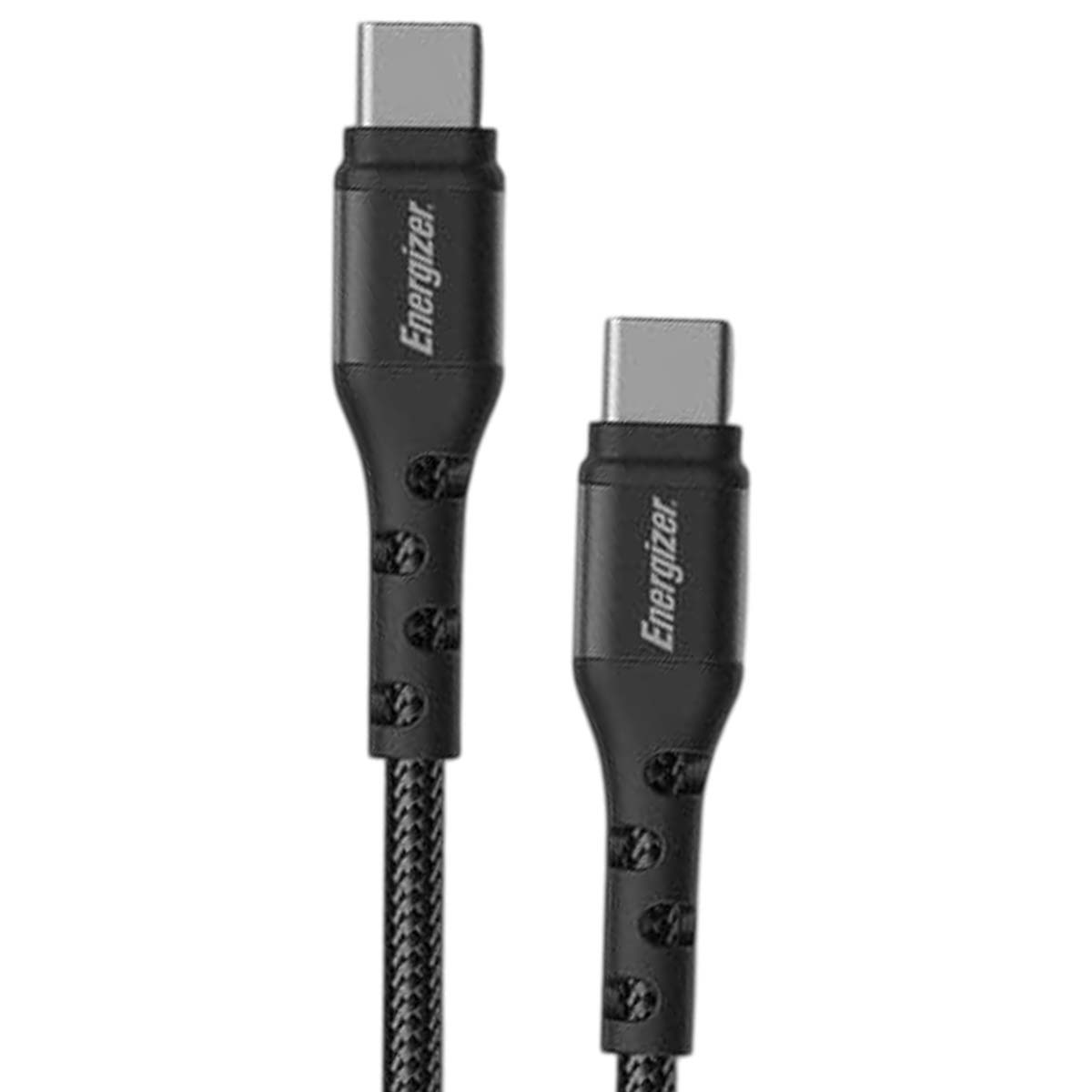 Due cavi neri Energizer USB-C con connettori argentati su sfondo bianco.