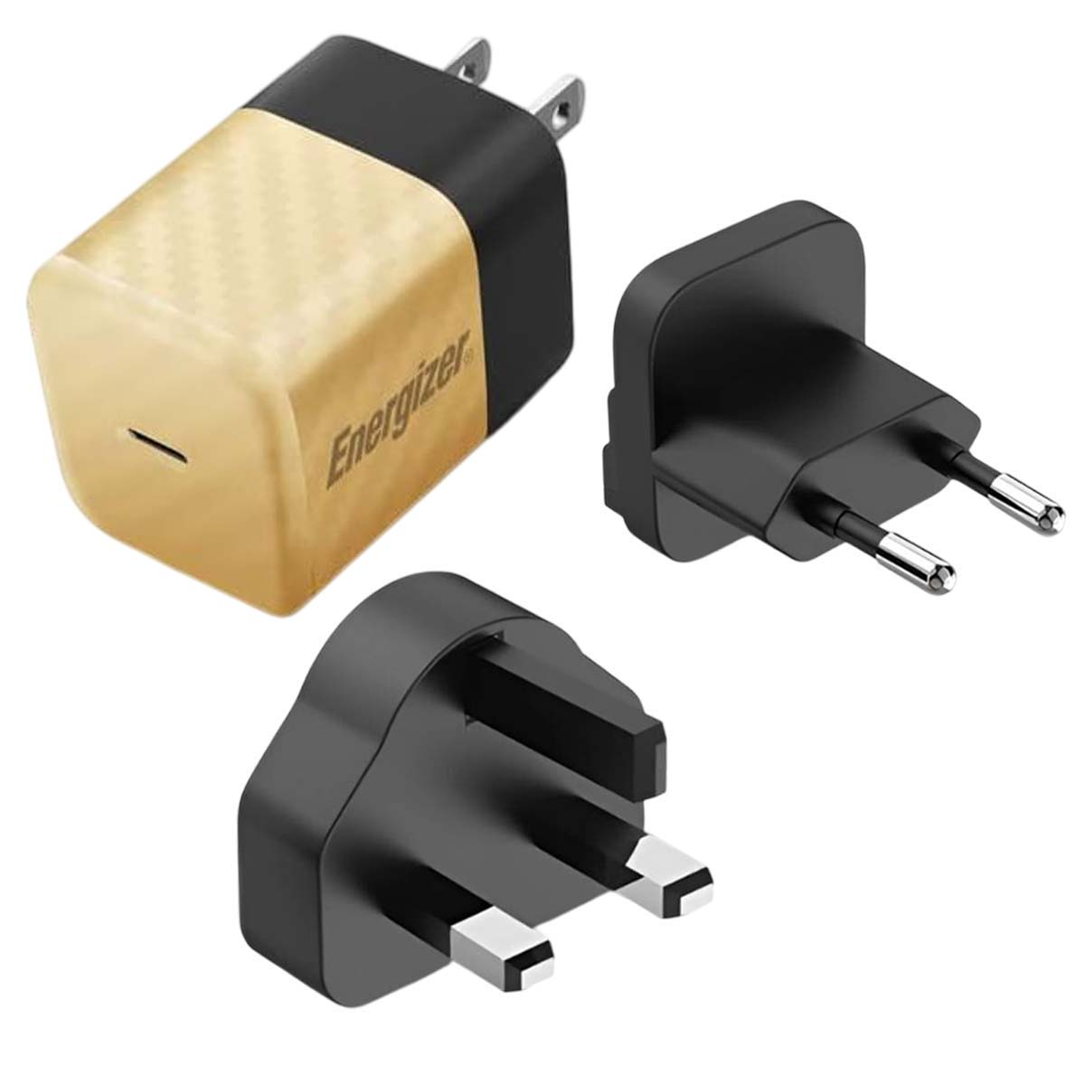 Un adattatore Energizer dorato con accessori neri per diverse prese.