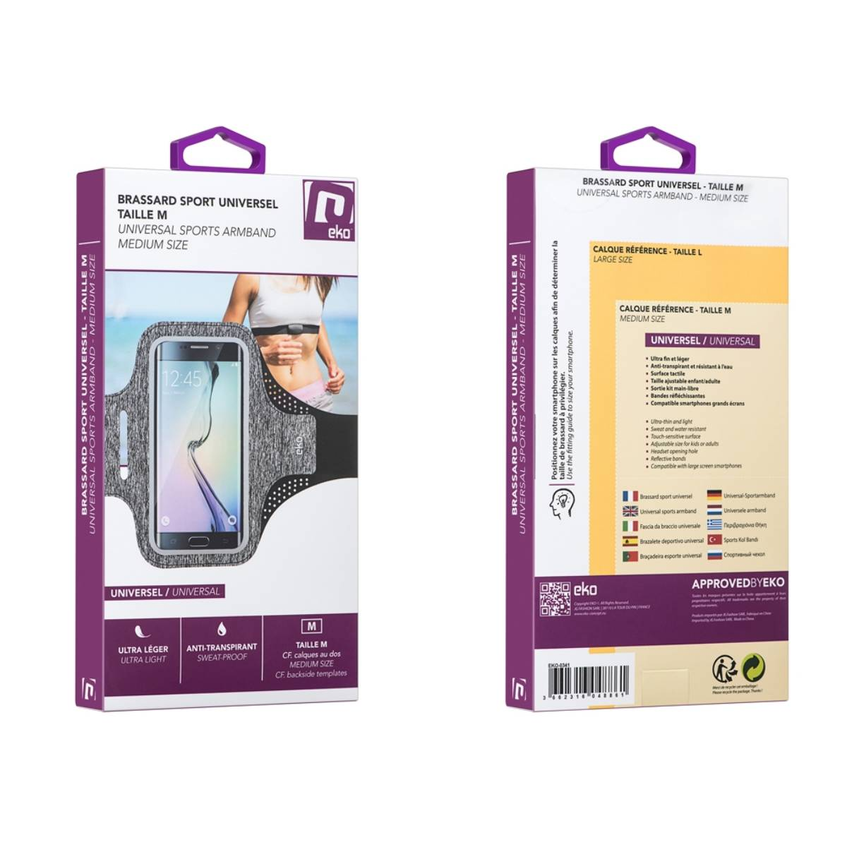 Verpackung für ein Sportarmband für Smartphones in Größe M, grau.