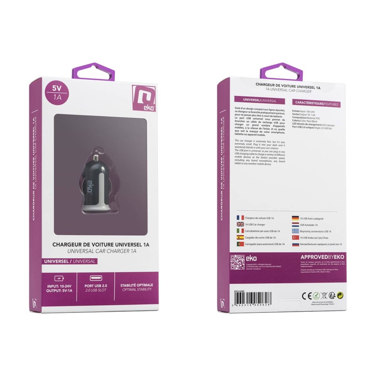 Verpackung eines schwarzen und weißen Auto-USB-Ladegeräts mit 1A.