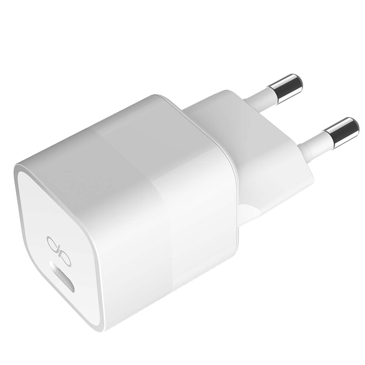 Ein weißer EU-Steckeradapter mit USB-C-Anschluss und zwei Metallstiften.