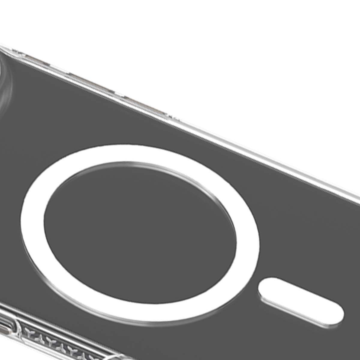 Primer plano de una funda de teléfono gris con un círculo blanco y una raya.