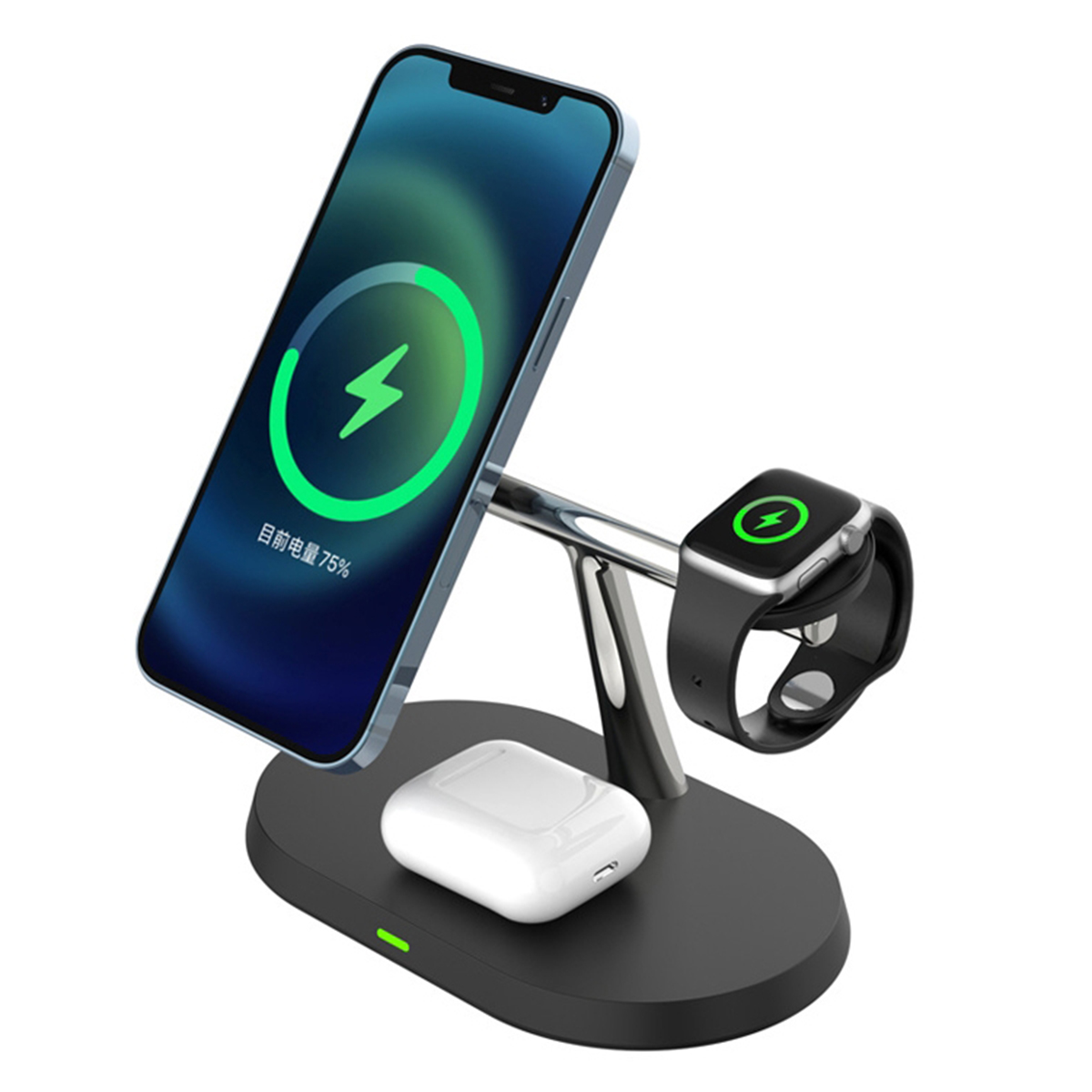 Ladestation mit iPhone, Apple Watch und AirPods-Hülle, alle laden.