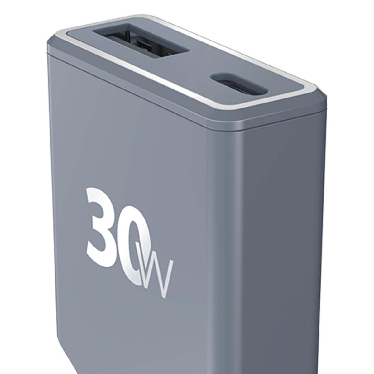 Power bank grigia da 30W con porte USB-C e USB-A.
